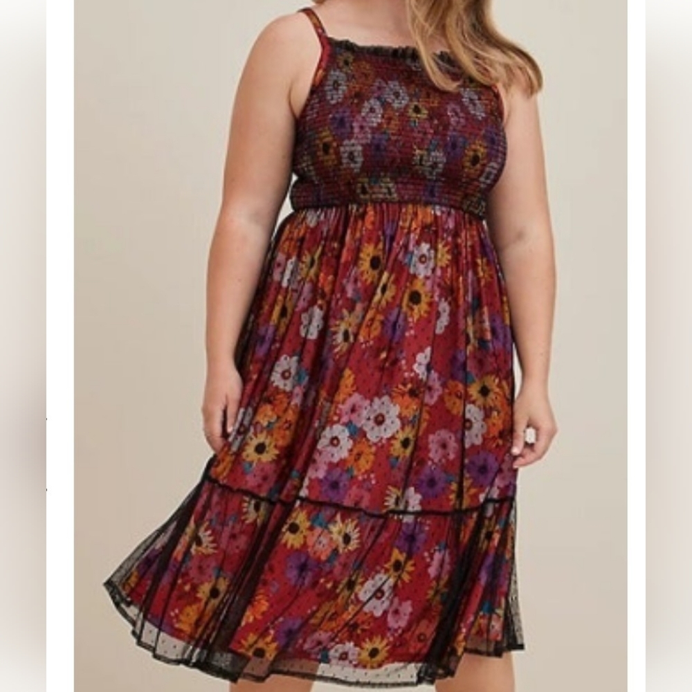 Torrid red floral mesh midi dress